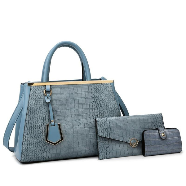 3 Pce Faux Crocodile PU Leather Shoulder Clutch Bag Card Holder Handbag Blue