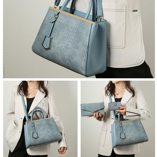 3 Pce Faux Crocodile PU Leather Shoulder Clutch Bag Card Holder Handbag Blue