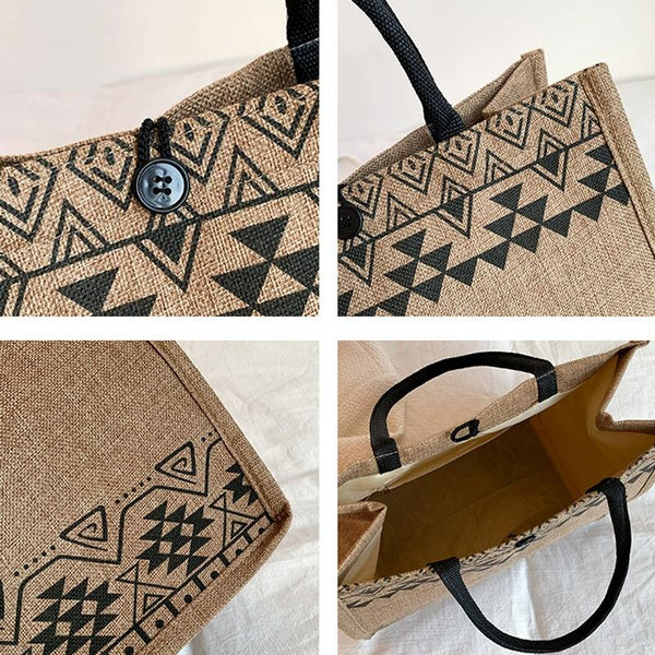 Semicircle Geometric Western Aztec Print Jute Tote Shopping Bag
