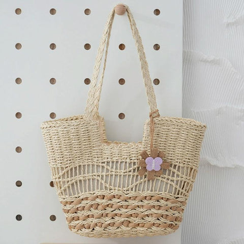Large Capacity Straw Tote Shopping Beach Bag Wave Design Lining Beige