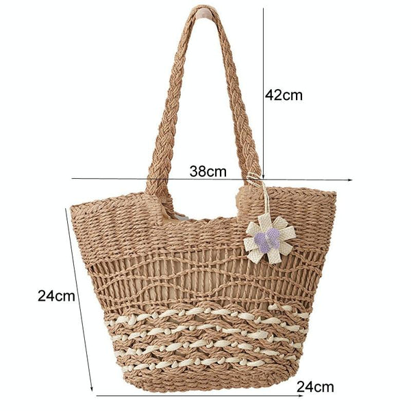 Large Capacity Straw Tote Shopping Beach Bag Wave Design Lining Beige