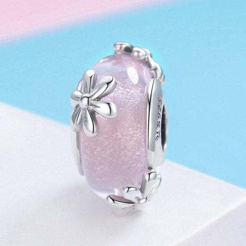Flowers Pink Glass Sterling Silver Spacer Bead Charm Bracelet Necklace