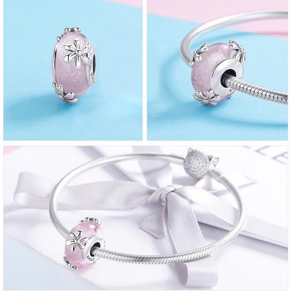 Flowers Pink Glass Sterling Silver Spacer Bead Charm Bracelet Necklace