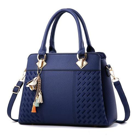 Embroidered Faux PU Leather Shoulder Crossbody Bag Tassel Charm Dark Blue
