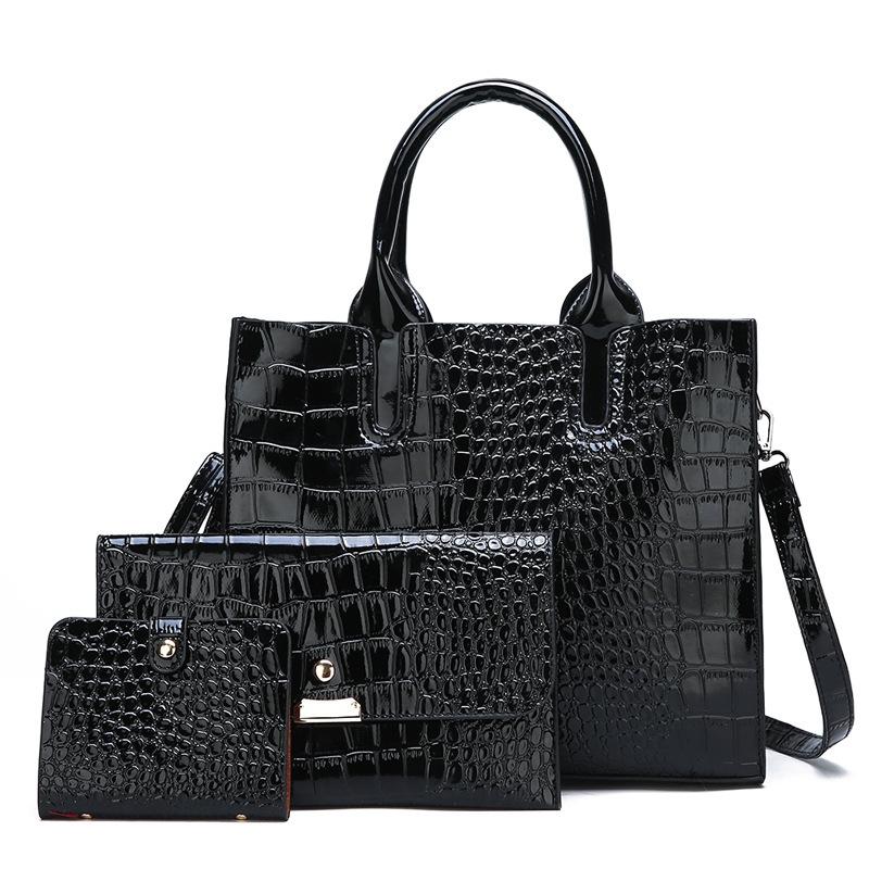 3 Pce Faux Patent Crocodile PU Leather Tote Shoulder Clutch Bag Card Holder Black