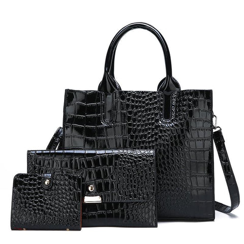 3 Pce Faux Patent Crocodile PU Leather Tote Shoulder Clutch Bag Card Holder Black