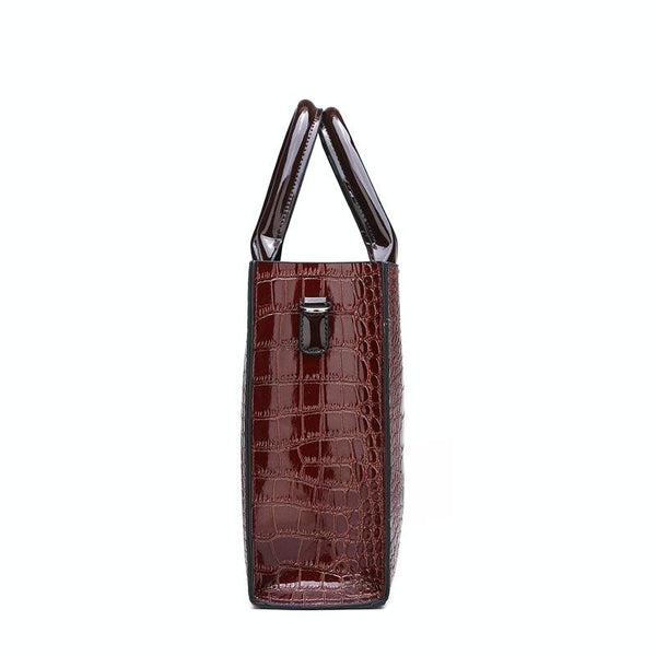 3 Pce Faux Patent Crocodile PU Leather Tote Shoulder Clutch Bag Card Holder Black