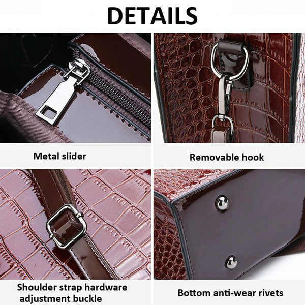 3 Pce Faux Patent Crocodile PU Leather Tote Shoulder Clutch Bag Card Holder Black