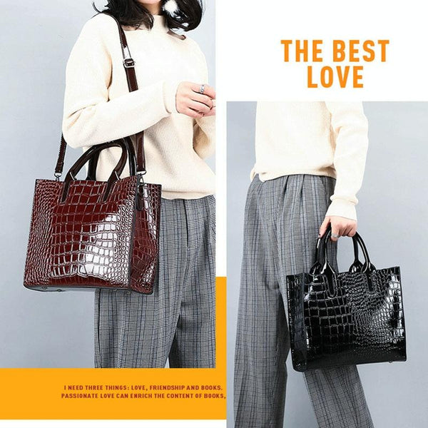 3 Pce Faux Patent Crocodile PU Leather Tote Shoulder Clutch Bag Card Holder Black