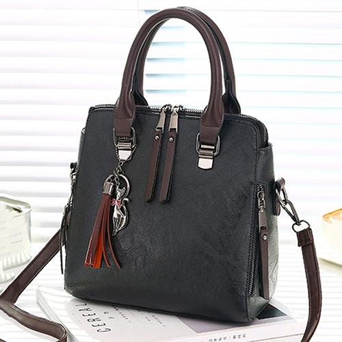 Faux PU Leather Crossbody Shoulder Tote Bag Handbag Tassel Black