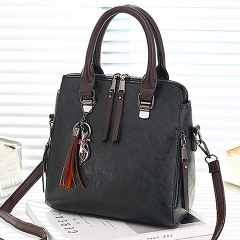 Faux PU Leather Crossbody Shoulder Tote Bag Handbag Tassel Black
