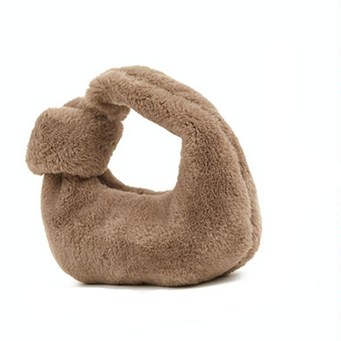 Plush Rabbit Fleece Tote Bag Handbag Knotted Handle Khaki