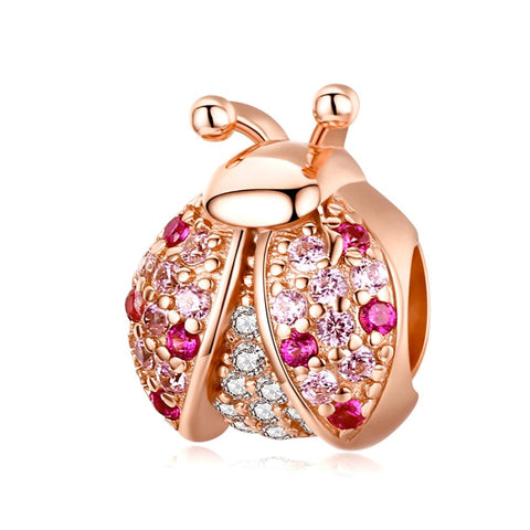 Ladybird Rose Gold Plated Sterling Silver Zircon CZ Bead Charm Bracelet Necklace