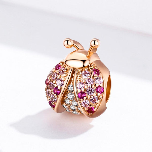 Ladybird Rose Gold Plated Sterling Silver Zircon CZ Bead Charm Bracelet Necklace
