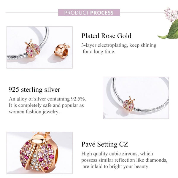Ladybird Rose Gold Plated Sterling Silver Zircon CZ Bead Charm Bracelet Necklace