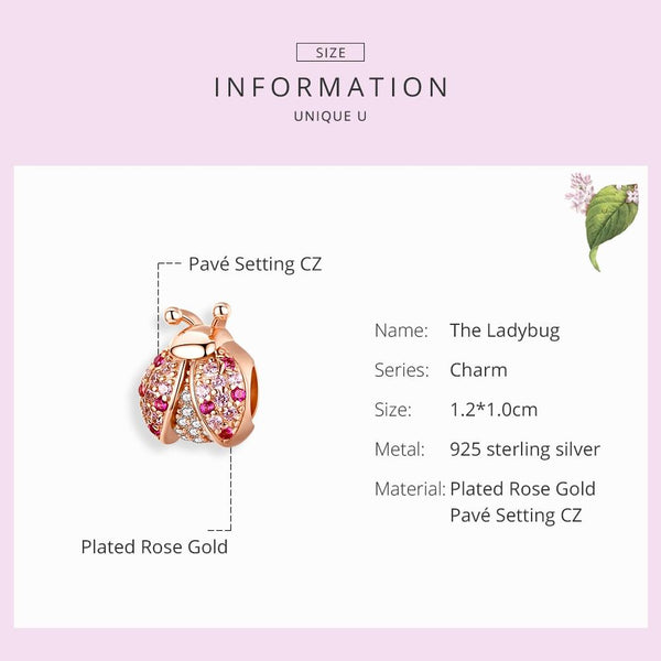 Ladybird Rose Gold Plated Sterling Silver Zircon CZ Bead Charm Bracelet Necklace