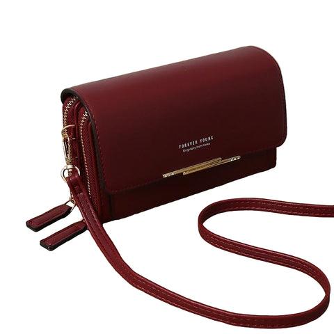 Faux PU Leather Crossbody Clutch Bag Handbag Multi Pocket Claret