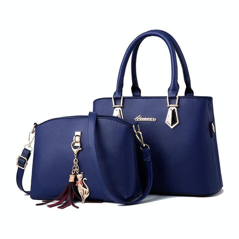 2 Pce Faux PU Leather Tote Crossbody Shoulder Bag Handbag Tassel Charm Navy Blue