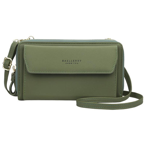 Faux PU Leather Shoulder Bag Handbag Wallet Fold Double Zip Green