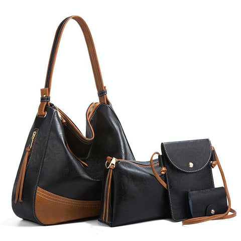 4 Pce Dual Colour Faux PU Leather Tote Shoulder Crossbody Phone Card Bag Black