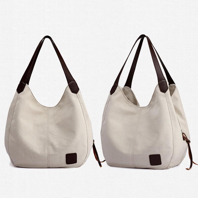 1 x Womens Casual Canvas Bucket Tote Shoulder Bag Multi Pocket Beige
