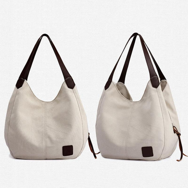 1 x Womens Casual Canvas Bucket Tote Shoulder Bag Multi Pocket Beige