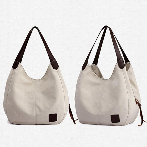 1 x Womens Casual Canvas Bucket Tote Shoulder Bag Multi Pocket Beige