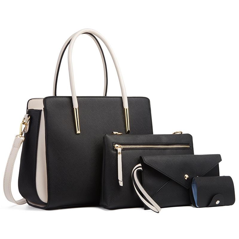 4 Pce Faux PU Leather Tote Shoulder Pouch Clutch Bag Handbag Card Holder Black