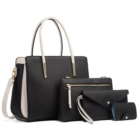 4 Pce Faux PU Leather Tote Shoulder Pouch Clutch Bag Handbag Card Holder Black