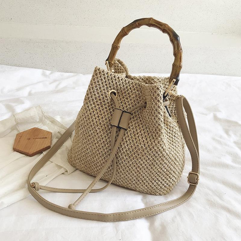Handwoven Bucket Shoulder Strap Bag Handbag Bamboo Handle Khaki