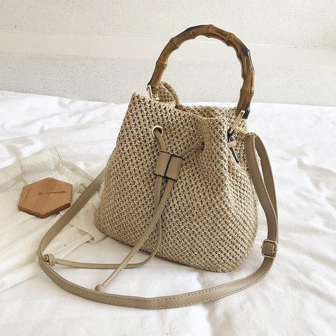 Handwoven Bucket Shoulder Strap Bag Handbag Bamboo Handle Khaki