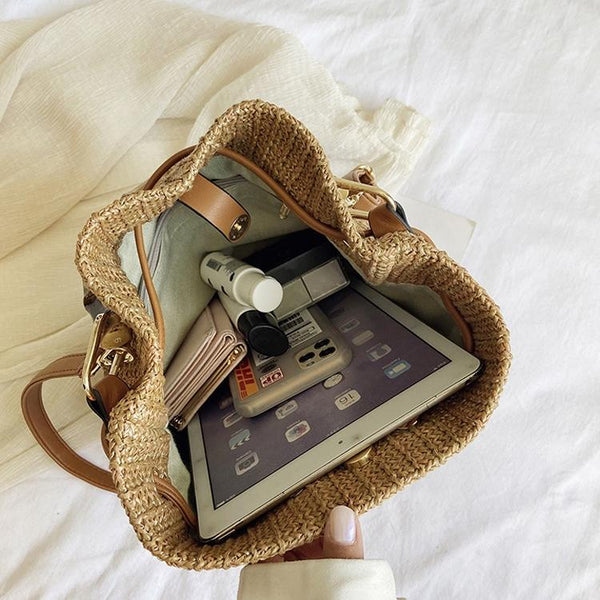 Handwoven Bucket Shoulder Strap Bag Handbag Bamboo Handle Khaki