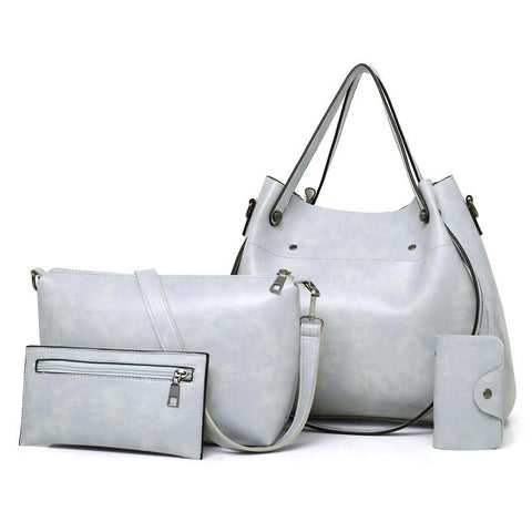 4 Pce PU Leather Tote Shoulder Crossbody Clutch Bag Handbag Card Holder Light Grey