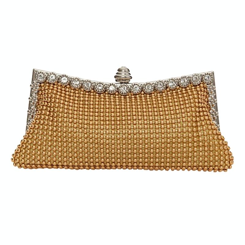 Satin Rhinestone Beaded Wedding Party Evening Clutch Handbag Bag Chain Gold