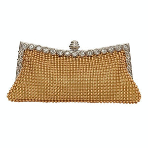 Satin Rhinestone Beaded Wedding Party Evening Clutch Handbag Bag Chain Gold