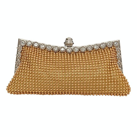 Satin Rhinestone Beaded Wedding Party Evening Clutch Handbag Bag Chain Gold