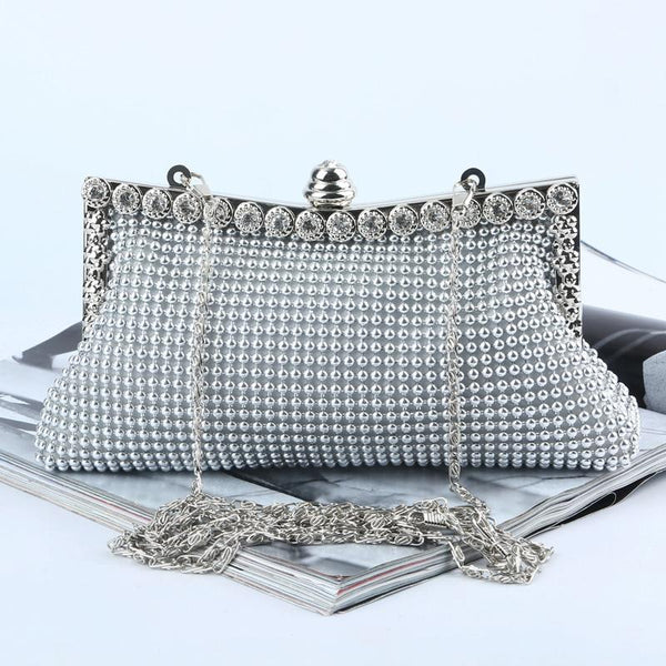 Satin Rhinestone Beaded Wedding Party Evening Clutch Handbag Bag Chain Gold