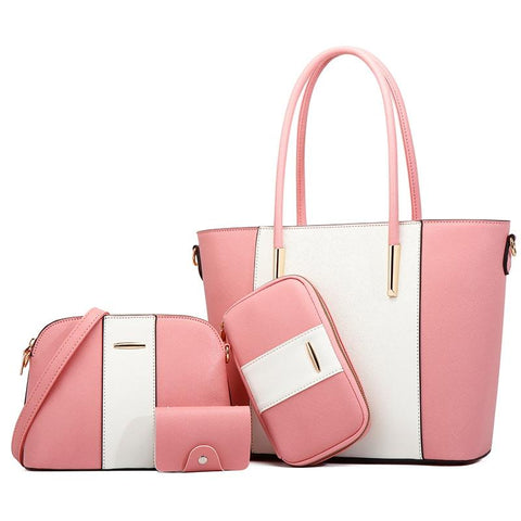 4 Pce Faux PU Leather Tote Shoulder Crossbody Clutch Bag Card Holder Pink