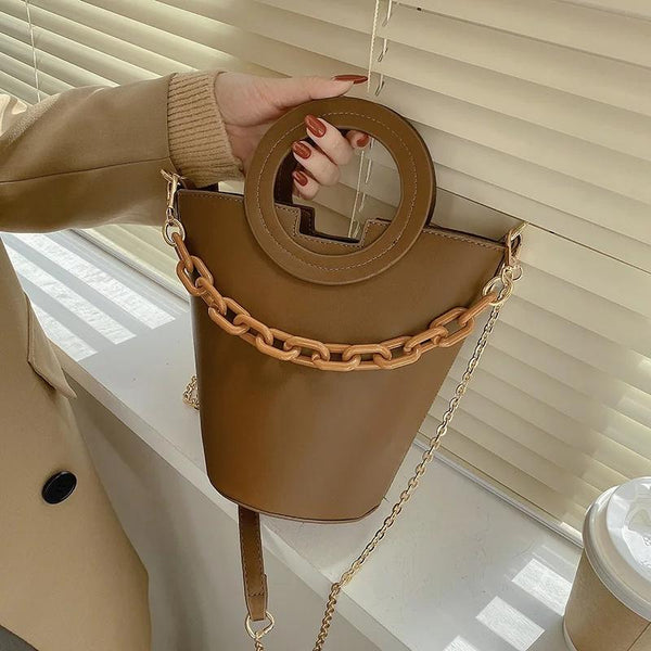 Faux PU Leather Bucket Crossbody Shoulder Bag Chain Feature Brown