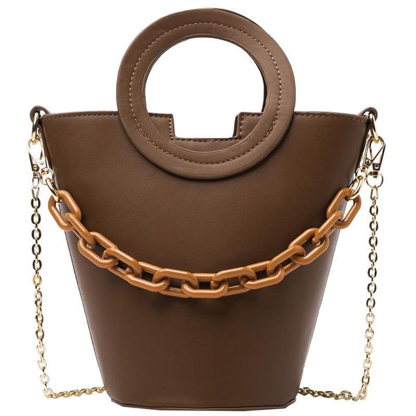 Faux PU Leather Bucket Crossbody Shoulder Bag Chain Feature Brown