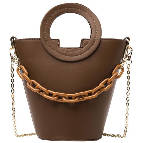 Faux PU Leather Bucket Crossbody Shoulder Bag Chain Feature Brown