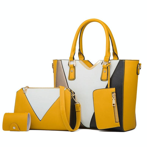 3 Pce Faux PU Leather V Top Diagonal Tote Shoulder Crossbody Bag Card Holder Yellow