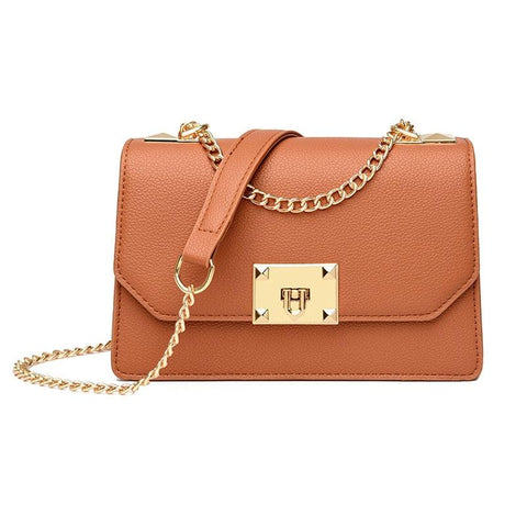 Faux PU Leather Square Flap Lock Shoulder Crossbody Bag For Women Brown