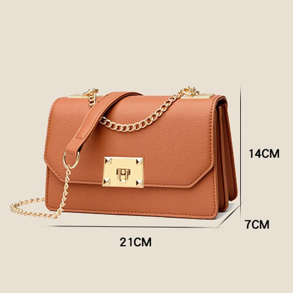 Faux PU Leather Square Flap Lock Shoulder Crossbody Bag For Women Brown