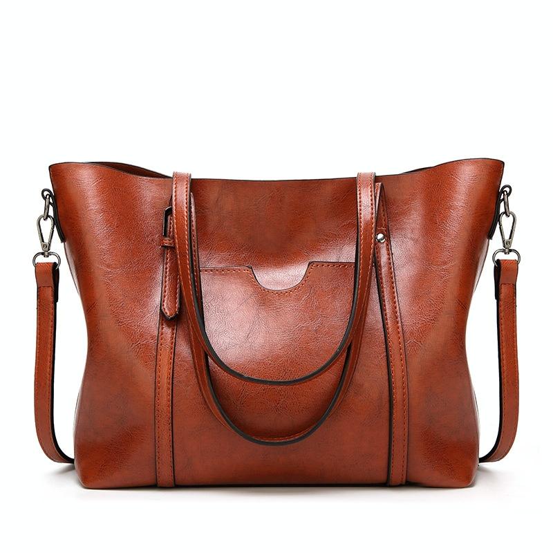 Wax Finish Faux PU Leather Tote Shoulder Bag Handbag Buckle Detail Brown
