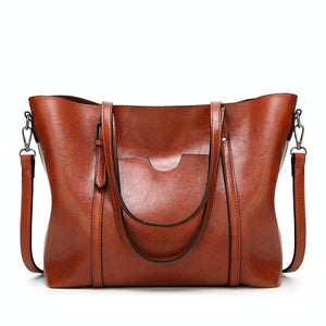 Wax Finish Faux PU Leather Tote Shoulder Bag Handbag Buckle Detail Brown