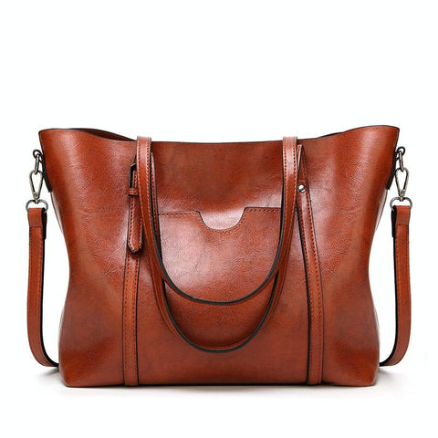 Wax Finish Faux PU Leather Tote Shoulder Bag Handbag Buckle Detail Brown