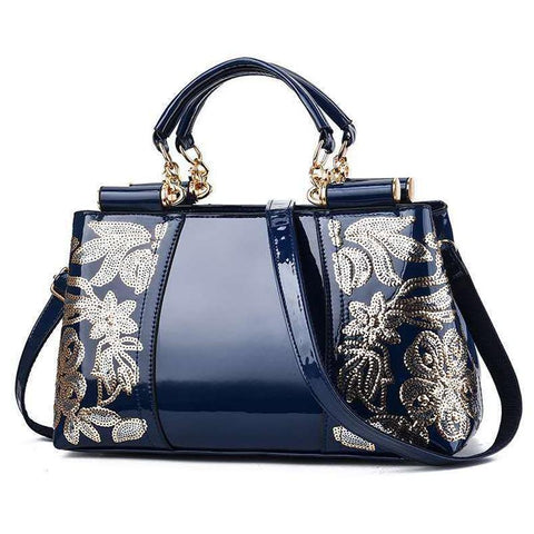 Patent Look PVC Shoulder Bag Handbag Floral Sequin Pattern Metal Accents Blue