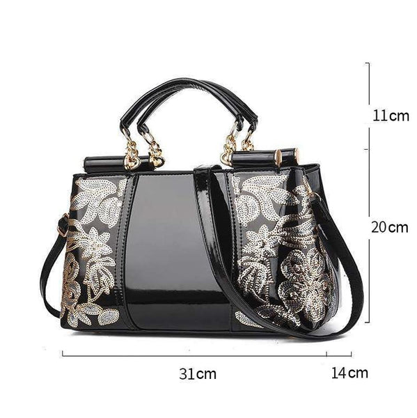 Patent Look PVC Shoulder Bag Handbag Floral Sequin Pattern Metal Accents Blue