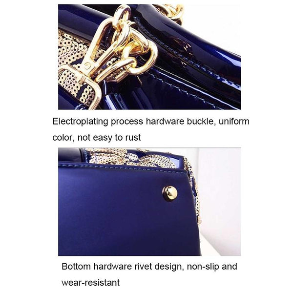 Patent Look PVC Shoulder Bag Handbag Floral Sequin Pattern Metal Accents Blue